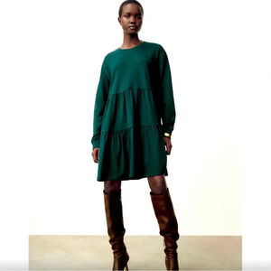 Zara Green Tiered Long Sleeve Loose Fitting Mini Dress Womens size large